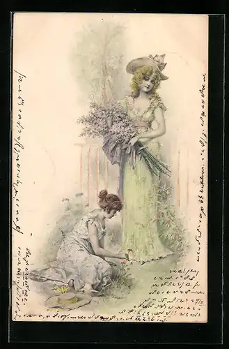 Künstler-AK M. Munk Nr. : Zwei junge Damen im Kleid mit Blumen