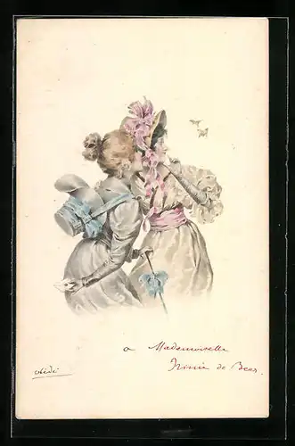 Künstler-AK M. Munk Nr. : Zwei junge Damen im Kleid bewunderen Schmetterlinge