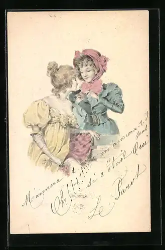 Künstler-AK M. Munk Nr. : Zwei junge Frauen im Kleid mit Schleife