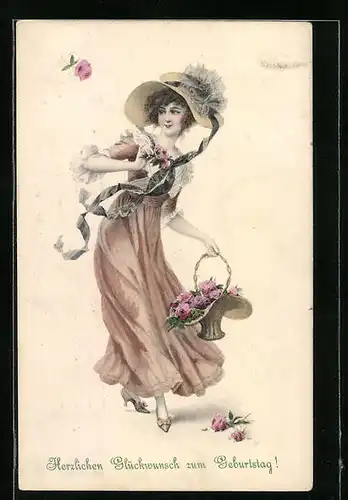 Künstler-AK M. Munk Nr. 650: Hübsche Dame im Kleid mit Körbchen