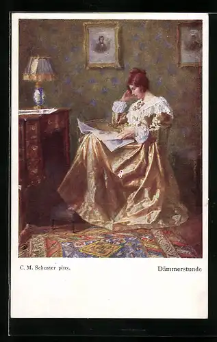 Künstler-AK M. Munk Nr. 1130: Dame im ausladenden Kleid in der Denkerpose