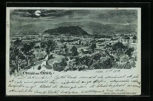 Mondschein-AK Graz, Teilansicht aus der Vogelschau