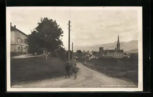 AK Zeltweg, Strassenpartie mit Kirche