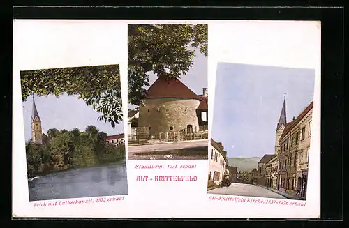 AK Knittelfeld, Stadtturm, Kirche und Teich mit Lutherkanzel