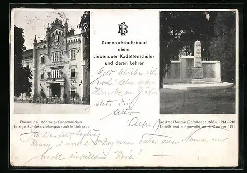 AK Liebenau, Ehemalige Infanterie-Kadettenschule, Denkmal für die Gefallenen