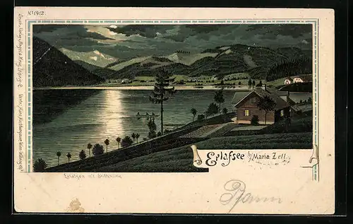 Mondschein-Lithographie Maria Zell, Partie am Erlafsee