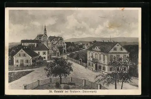 AK St. Oswald bei Gratwein, Teilansicht mit Strasse und Gasthof aus der Vogelschau