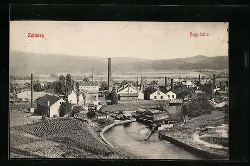 AK Zeltweg, Hugohütte mit Fluss und Umgebung aus der Vogelschau