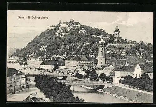 AK Graz, Teilansicht mit Brücken und Schlossberg