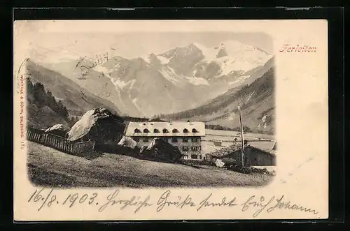 AK Ferleiten, Gasthaus Lukashansl mit Bergblick