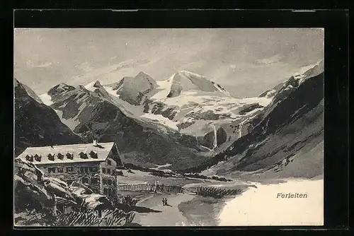 Künstler-AK Ferleiten, Gasthaus Lukashansl mit Bergkette