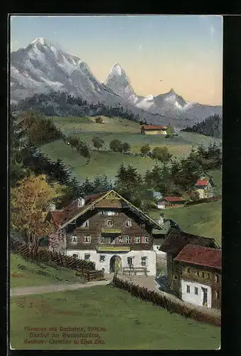 Künstler-AK Filzmoos, Ortsansicht mit Dachstein, Gasthof zur Bischofsmütze