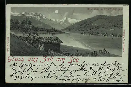 Mondschein-AK Zell am See, Ortsansicht gegen Kitzstienhorn