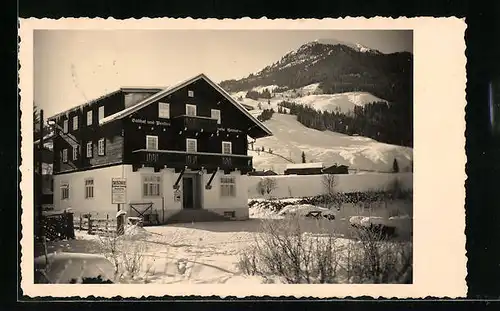 AK Saalbach, Gasthof und Pension Frohe Heimat im Winter