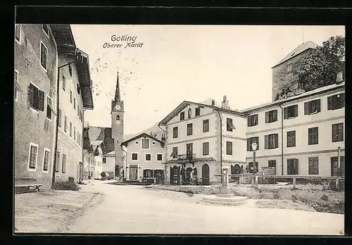 AK Golling, Oberer Markt mit Kirchturm & Wettersäule