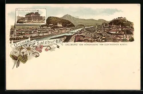 Lithographie Salzburg, Ortsansicht vom Mönchsberg vom elektrischen Aufzug, Hotel auf dem Gaisberg