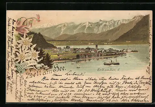 Lithographie Zell am See, Teilansicht mit dem See und Bergen