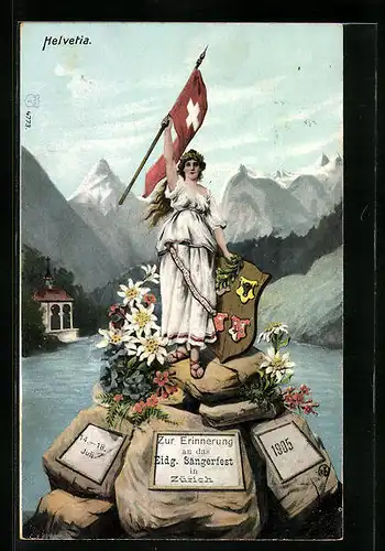 Künstler-AK Zürich, Zur Erinnerung an das Eidgenössische Sängerfest 1905, Helvetia mit Fahne
