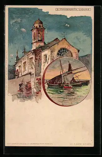 Künstler-AK Manuel Wielandt: S. Margherita Ligure, Kirche, Segelboote