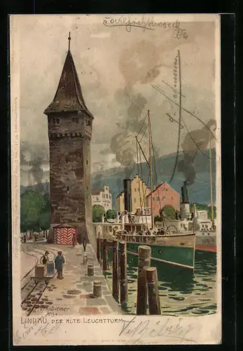 Künstler-AK Zeno Diemer: Lindau, Der alte Leuchtturm mit Dampfer