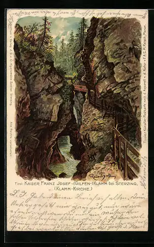 Künstler-AK F.A.C.M. Reisch: Sterzing, Kaiser Franz Josef-Gilfen-Klamm