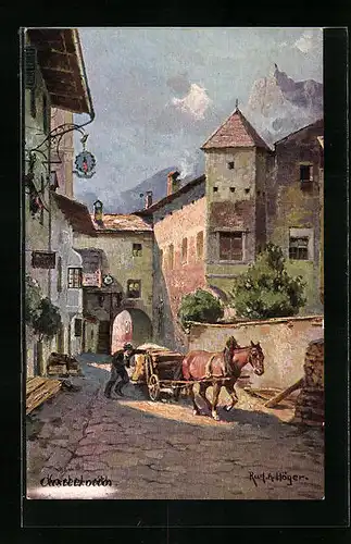 Künstler-AK Rudolf Alfred Höger: Kastelruth, Ortspartie mit Pferdegespann