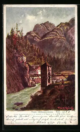 Künstler-AK F.A.C.M. Reisch: Altfinstermünz, Uferpartie mit Brücke