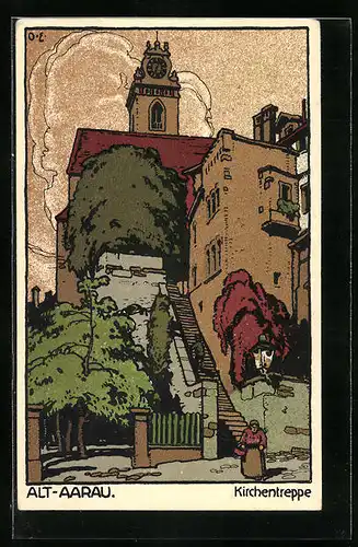 Steindruck-AK Alt-Aarau, Blick zur Kirchentreppe