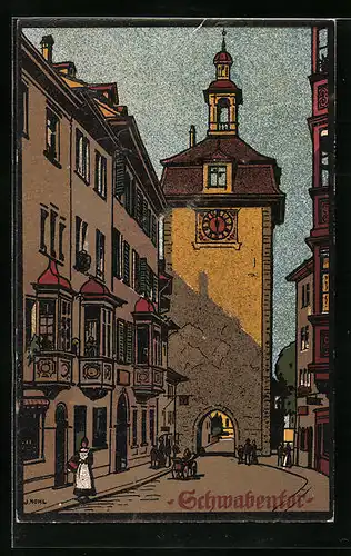 Steindruck-AK Schaffhausen, Strassenpartie am Schwabentor