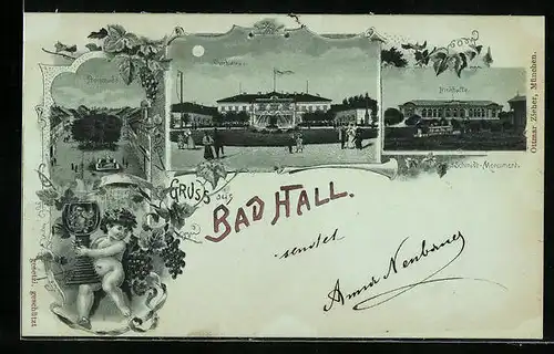Mondschein-Lithographie Bad Hall, Curhaus, Trinkhalle, Promenade
