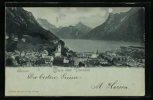 Mondschein-AK Ebensee, Panorama mit Seeblick