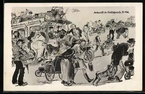 Künstler-AK Gallspach, Besucher im Strassenverkehr mit Strassebahn, Motorrad und Auto
