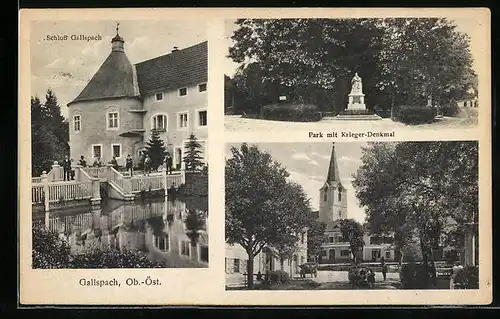 AK Gallspach, Park mit Krieger-Denkmal, Schloss, Blick auf die Kirche