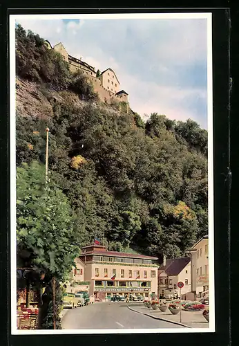 AK Vaduz, Hotel Cafe Restaurant Real mit Strasse