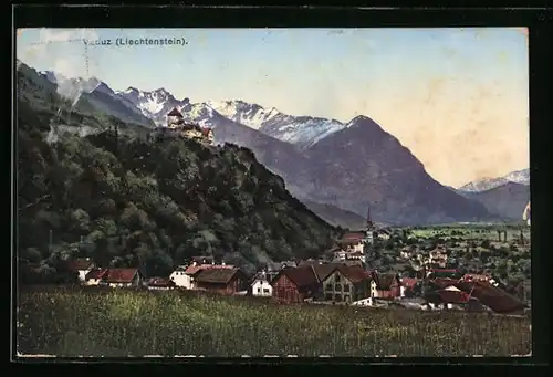 AK Vaduz, Panorama des Ortes mit Schloss