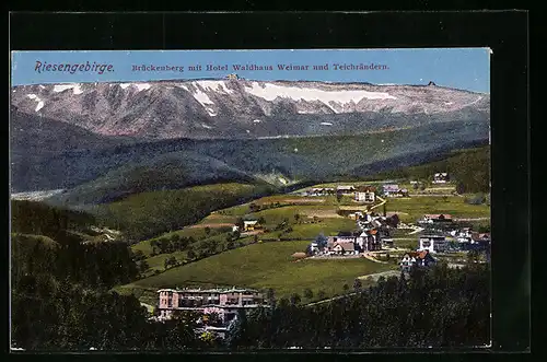 AK Brückenberg, Ortsansicht mit Hotel Waldhaus Weimar und Teichrändern