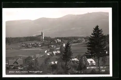 AK Mittel-Schreiberhau, Teilansicht mit Kirche und Riesengebirge