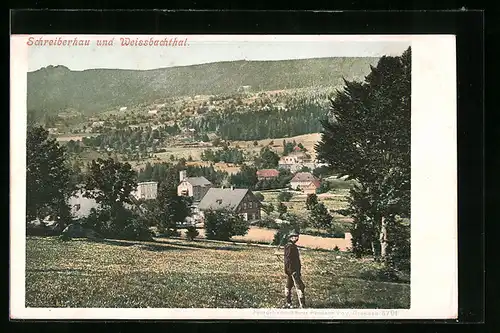 AK Schreiberhau, Wanderer in Tracht im Weissbachthal