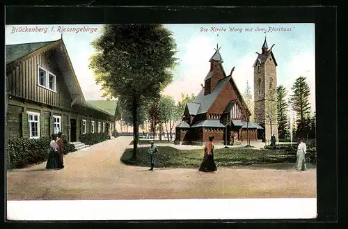 AK Brückenberg, Kirche Wang mit Pfarrhaus und Frauen in schönen Kleidern