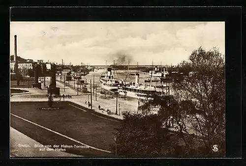 AK Stettin, Blick auf den Hafen von der Haken-Terrasse