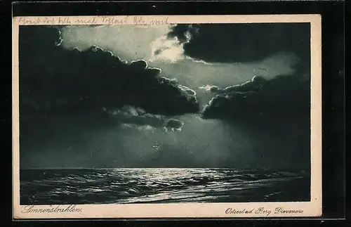 AK Berg Dievenow /Ostsee, Sonnenstrahlen hinter dunklen Wolken über der See