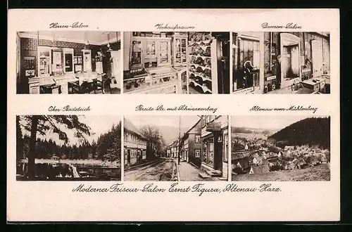 AK Altenau i. Harz, Friseursalon von Ernst Figura, Oker-Badeteich, Breitestrasse mit Schwarzenberg