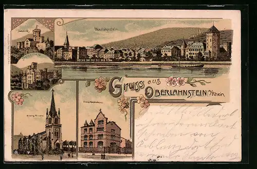 Lithographie Oberlahnstein a. Rh., Burgen Lahneck und Stolzenfest, Totalansicht, Evang. Kirche mit Gemeindehaus