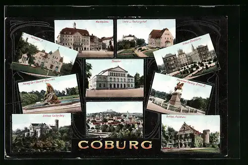 AK Coburg, Schloss Ehrenburg, Theater, Volksbad, Denkmal Herzog Ernst II.