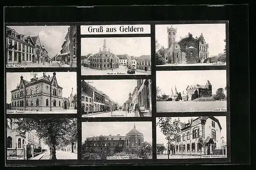 AK Geldern, Grosser Markt, Kaiserl. Postamt, Pensionat und Kapelle, Schloss Haag