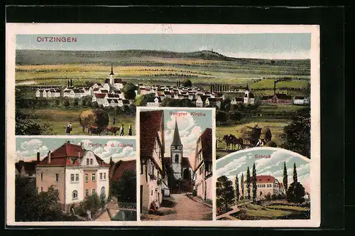 AK Ditzingen, Partie a. d. Glems, Speyrer Kirche und Schloss, Totalansicht