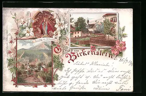 Lithographie Birkenstein, Ortspartie mit Kirche und Gnadenbild, Fernansicht