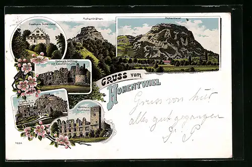 Lithographie Singen, Burg Hohentwiel mit Gasthaus, Hohenkrähen, Kirche mit Kirchturm