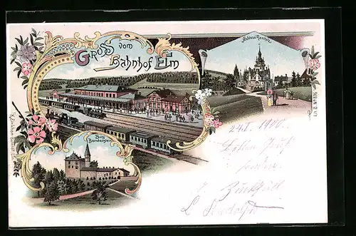 Lithographie Elm, Bahnhof, Schlösser Ramholz und Brandenstein