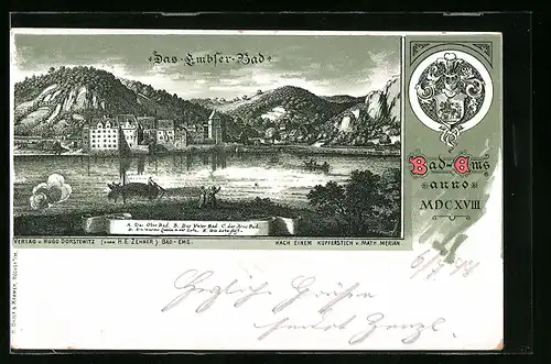 Lithographie Bad Ems, Gesamtansicht im Jahre 1618